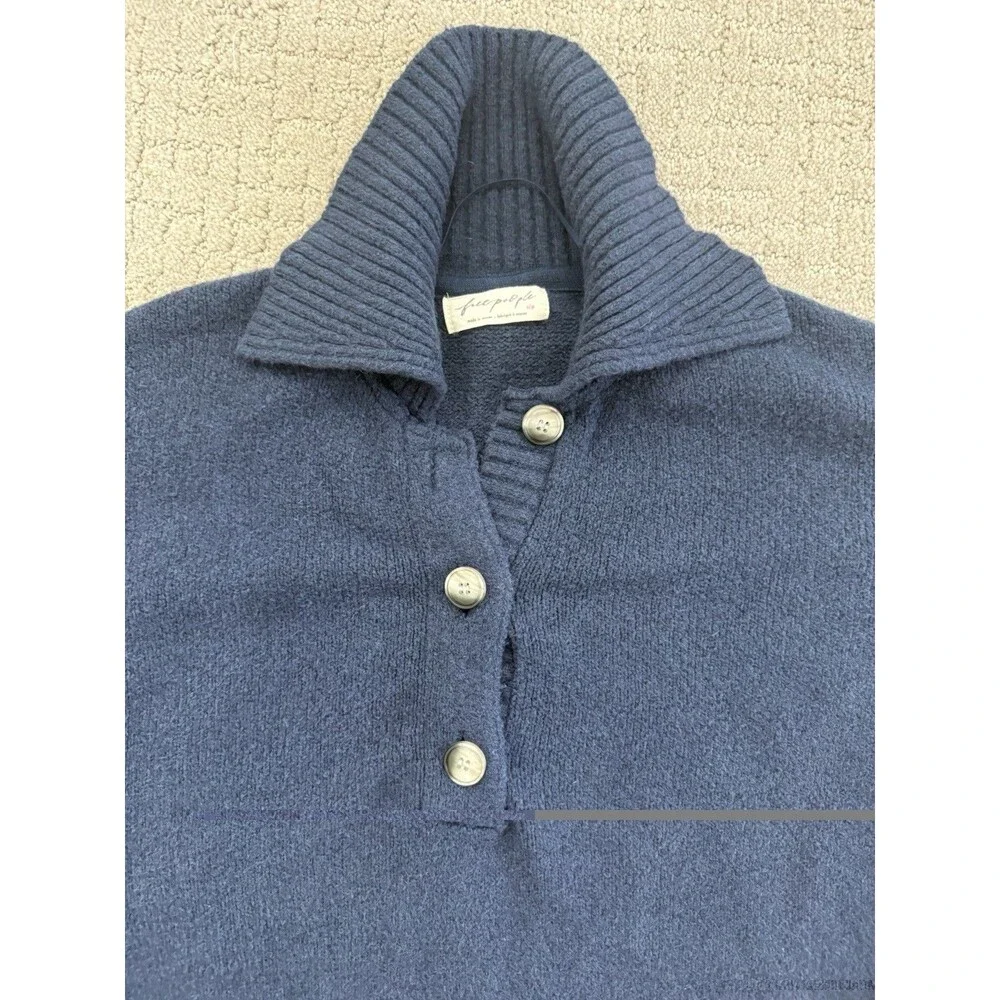 Free People Trading Up Polo Sweater S Navy Chunky Preppy Collared Relaxed Knit